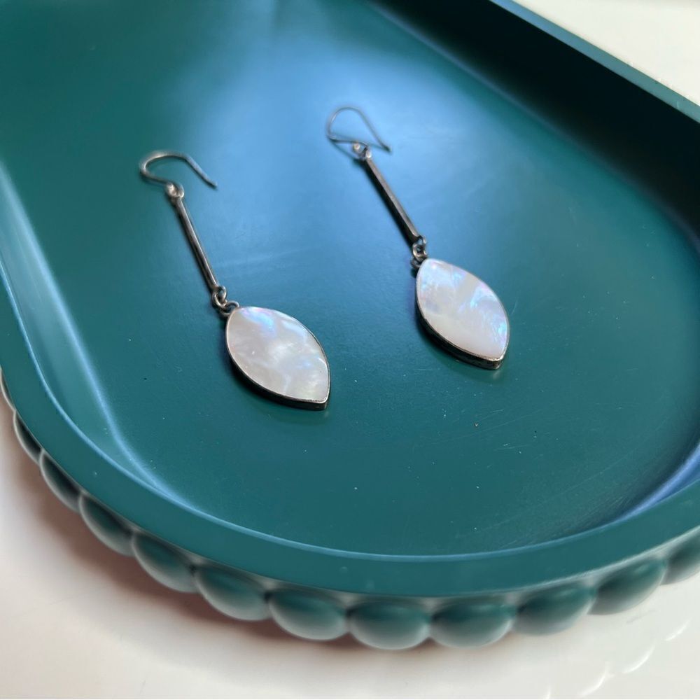 Vintage 925 Sterling Silver Moonstone Mother of Pearl Teardrop Long Earrings